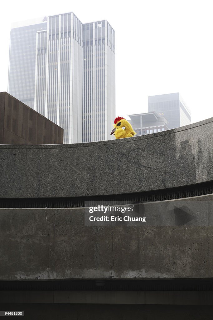 Person in chicken costume talking on cell phone