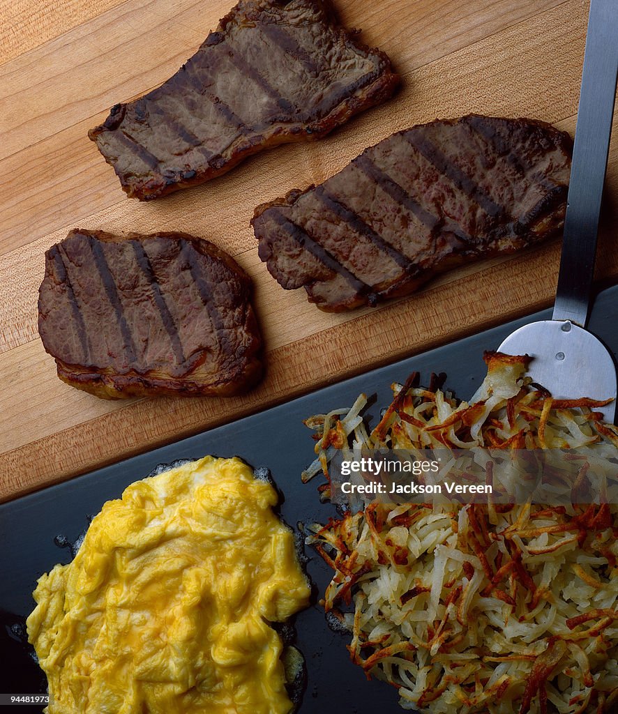 Steaks , eggs and hash browns