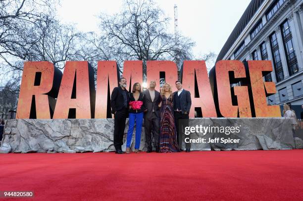 Jeffrey Dean Morgan, Naomie Harris, Dwayne Johnson, Malin Akerman and Brad Peyton attend the European Premiere of 'Rampage' at Cineworld Leicester...