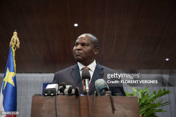 Central African Republic's President Faustin-Archange Touadera gives a news conference following an attack that claimed several lives in PK5,...