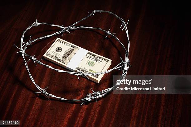 stack of hundred dollar bills surrounded by barbed wire - microzoa stock pictures, royalty-free photos & images