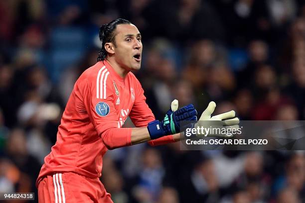 Real Madrid's Costa Rican goalkeeper Keylor Navas reacts during the UEFA Champions League quarter-final second leg football match between Real Madrid...