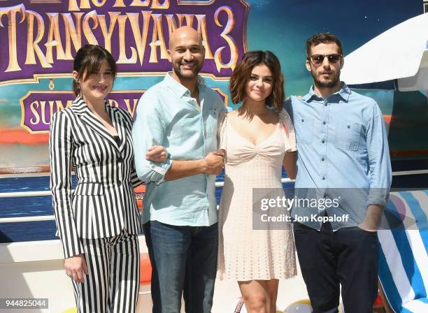 Kathryn Hahn, Keegan-Michael Key, Selena Gomez and Andy Samberg pose at the photo call For Sony Pictures' "Hotel Transylvania 3: Summer Vacation" at...