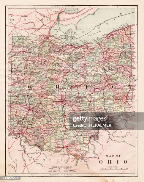 ilustraciones, imágenes clip art, dibujos animados e iconos de stock de mapa del estado de ohio usa 1881 - ohio