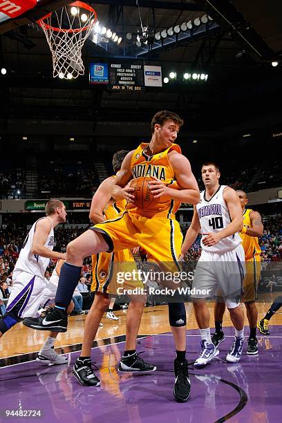 Tyler Hansbrough of the Indiana Pacers comes down with a rebound during the game against the Sacramento Kings on December 2, 2009 at Arco Arena in...