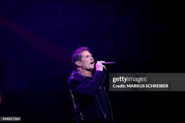Singer and actor David Haselhoff performs on stage during a concert on April 11, 2018 at the Friedrichstadt-Palast in Berlin. / AFP PHOTO / POOL /...