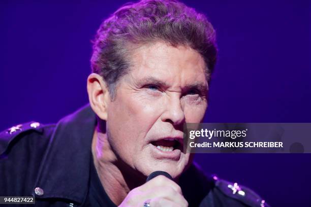 Singer and actor David Haselhoff performs on stage during a concert on April 11, 2018 at the Friedrichstadt-Palast in Berlin. / AFP PHOTO / POOL /...