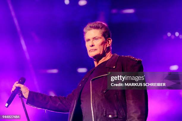 Singer and actor David Haselhoff performs on stage during a concert on April 11, 2018 at the Friedrichstadt-Palast in Berlin. / AFP PHOTO / POOL /...