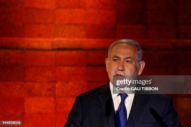Israeli Prime Minister Benjamin Netanyahu delivers a speech during the state ceremony opening the events of Holocaust Martyrs and Heroes Remembrance...