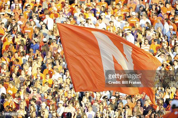 View of flag carried by Clemson cheerleader during game vs Virginia. Clemson, SC CREDIT: Bill Frakes