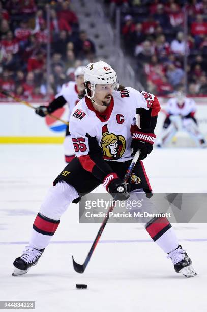 Erik Karlsson of the Ottawa Senators skates with the puck in the second period against the Washington Capitals at Capital One Arena on February 27,...