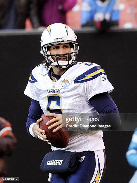 Quarterback Charlie Whitehurst of the San Diego Chargers warms up prior to a game on December 6, 2009 against the Cleveland Browns at Cleveland...