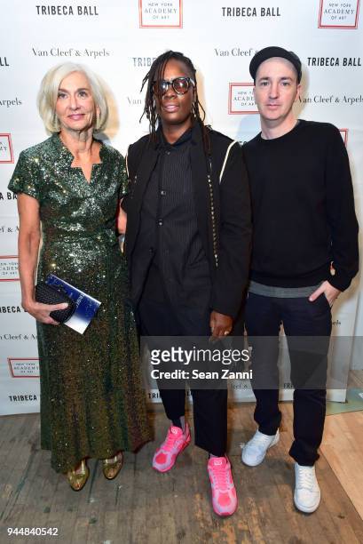Eileen Guggenheim, Mickalene Thomas and KAWS attend Tribeca Ball to benefit New York Academy of Art at New York Academy of Art on April 9, 2018 in...