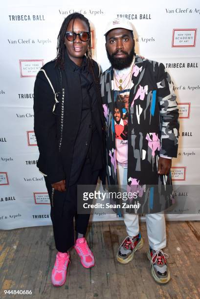 Mickalene Thomas and Derrick Adams attend Tribeca Ball to benefit New York Academy of Art at New York Academy of Art on April 9, 2018 in New York...