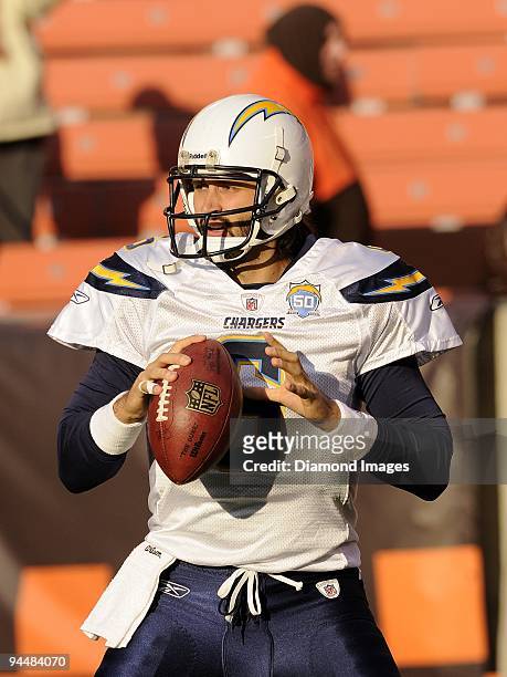 Quarterback Charlie Whitehurst of the San Diego Chargers warms up prior to a game on December 6, 2009 against the Cleveland Browns at Cleveland...