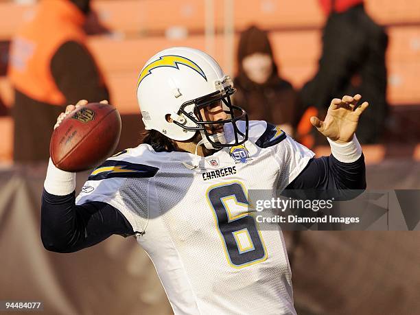 Quarterback Charlie Whitehurst of the San Diego Chargers warms up prior to a game on December 6, 2009 against the Cleveland Browns at Cleveland...