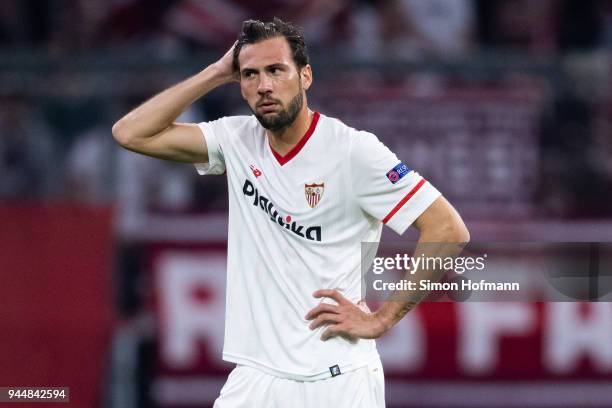 Franco Vazquez of Sevilla reacts during the UEFA Champions League Quarter Final second leg match between Bayern Muenchen and Sevilla FC at Allianz...