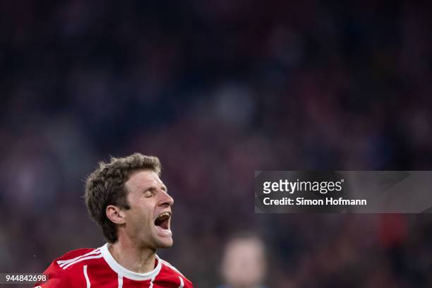 Thomas Mueller of Muenchen reacts during the UEFA Champions League Quarter Final second leg match between Bayern Muenchen and Sevilla FC at Allianz...