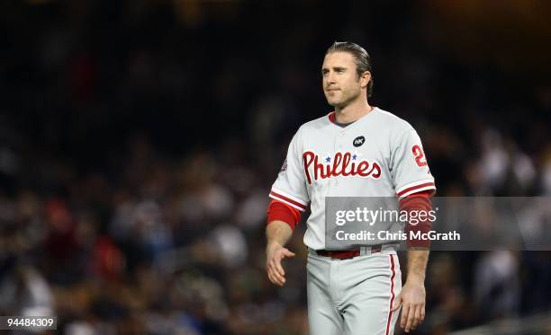 Chase Utley of the Philadelphia Phillies looks on against the New York Yankees in Game Two of the 2009 MLB World Series at Yankee Stadium on October...