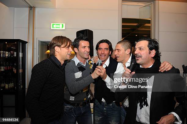 Players of Parma Alberto Paloschi, Daniele Galloppa, Christian Panucci, Alessandro Lucarelli, and Stefano Morrone attend Parma FC Christmas Party on...