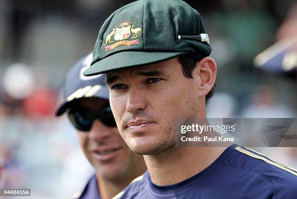 Australian cricketer Clint McKay looks on after being presented his baggy green cap during day one of the Third Test match between Australian and the...