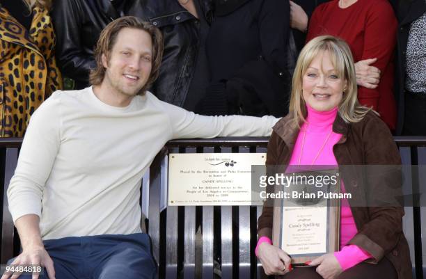 Actor Randy Spelling and honoree Candy Spelling attend the bench dedication to Candy Spelling by the Los Angeles Parks Foundation at Holmby Park on...