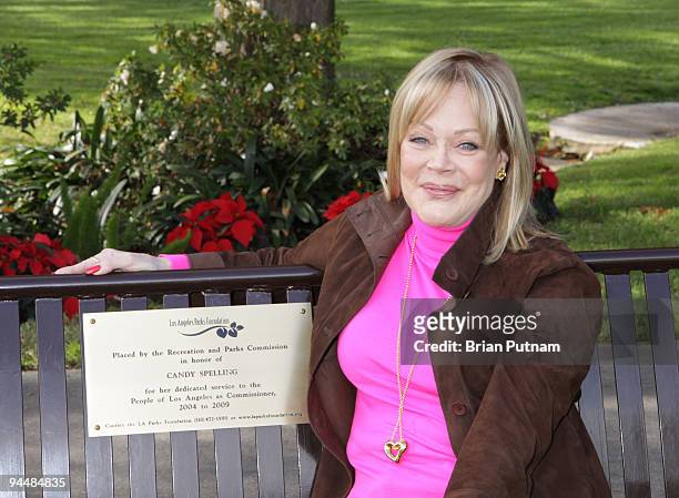 Honoree Candy Spelling attends the bench dedication to Candy Spelling by the Los Angeles Parks Foundation at Holmby Park on December 15, 2009 in Los...