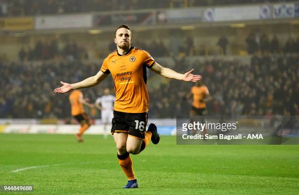 Diogo Jota of Wolverhampton Wanderers celebrates after scoring a goal to make it 1-0 during the Sky Bet Championship match between Wolverhampton...