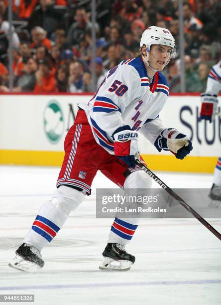 Lias Andersson of the New York Rangers skates against the Philadelphia Flyers on April 7, 2018 at the Wells Fargo Center in Philadelphia,...