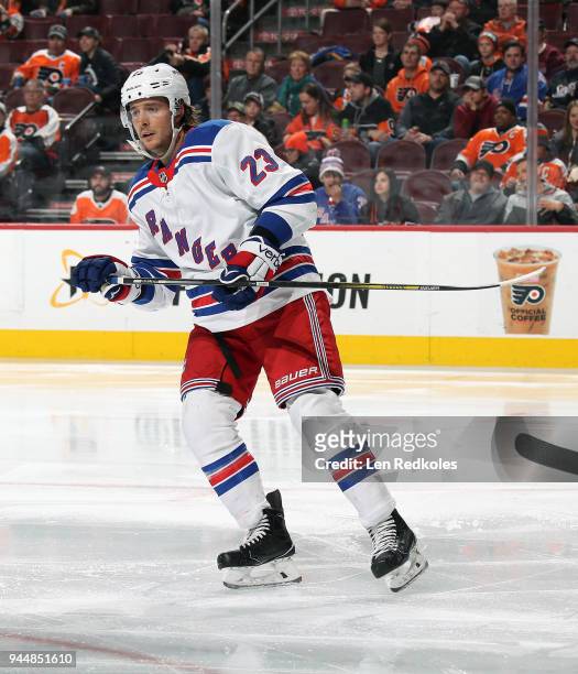 Ryan Spooner of the New York Rangers skates against the Philadelphia Flyers on April 7, 2018 at the Wells Fargo Center in Philadelphia, Pennsylvania.