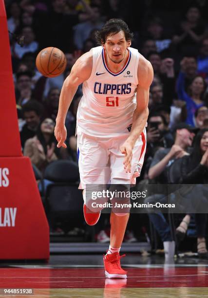 Boban Marjanovic of the Los Angeles Clippers on the court during the game against the New Orleans Pelicans at Staples Center on April 9, 2018 in Los...