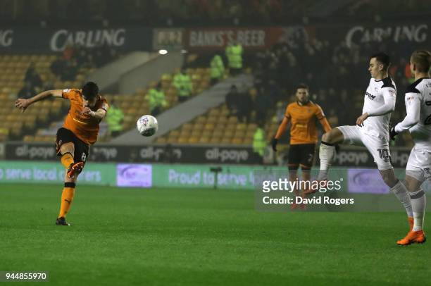 Ruben Neves of Wolverhampton Wanderers scores his sides second goal during the Sky Bet Championship match between Wolverhampton Wanderers and Derby...