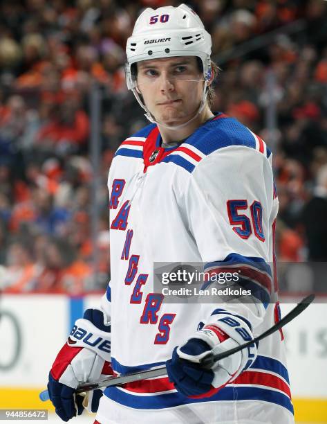 Lias Andersson of the New York Rangers looks on against the Philadelphia Flyers on April 7, 2018 at the Wells Fargo Center in Philadelphia,...