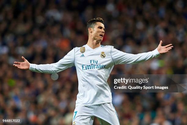 Cristiano Ronaldo of Real Madrid reacts during the UEFA Champions League Quarter Final Second Leg match between Real Madrid and Juventus at Estadio...