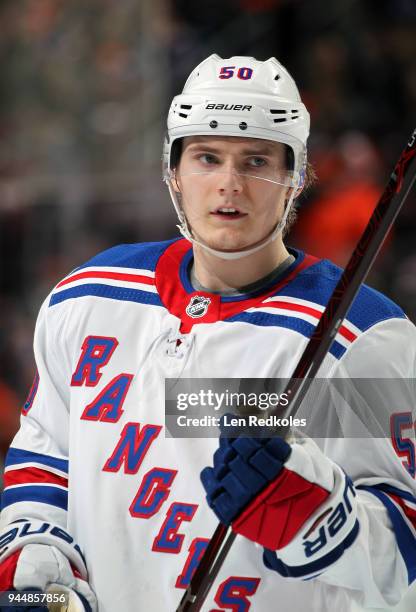 Lias Andersson of the New York Rangers looks on against the Philadelphia Flyers on April 7, 2018 at the Wells Fargo Center in Philadelphia,...