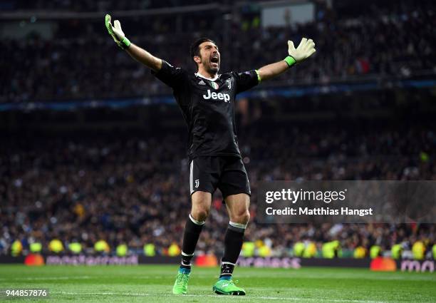 Gianluigi Buffon of Juventus celebrates after his sides third goal during the UEFA Champions League Quarter Final Second Leg match between Real...