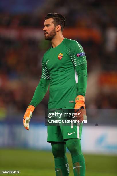 Alisson Becker of AS Roma during the UEFA Champions League Quarter Final Leg Two between AS Roma and FC Barcelona at Stadio Olimpico on April 10,...