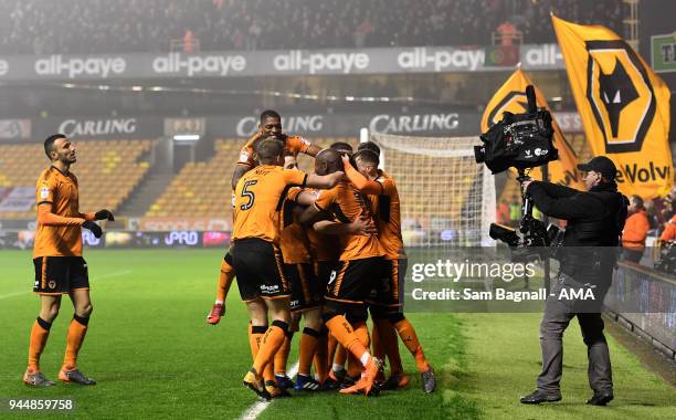 Ruben Neves of Wolverhampton Wanderers celebrates after scoring a goal to make it 2-0 during the Sky Bet Championship match between Wolverhampton...