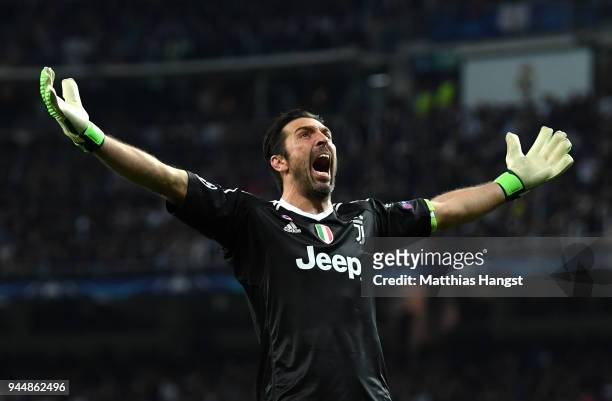 Gianluigi Buffon of Juventus celebrates after his sides third goal during the UEFA Champions League Quarter Final Second Leg match between Real...