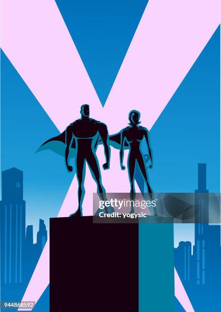 vector superhero couple silhouette with city skyline background - cape garment stock illustrations