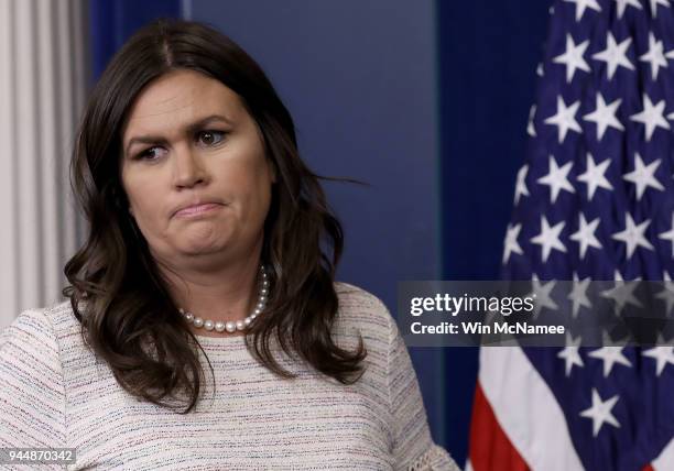 White House press secretary Sarah Huckabee Sanders arrives for the daily briefing at the White House April 11, 2018 in Washington, DC. Sanders...