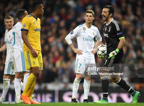 Gianluigi Buffon of Juventus reacts after Real Madrid are awarded a penalty during the UEFA Champions League Quarter Final Second Leg match between...