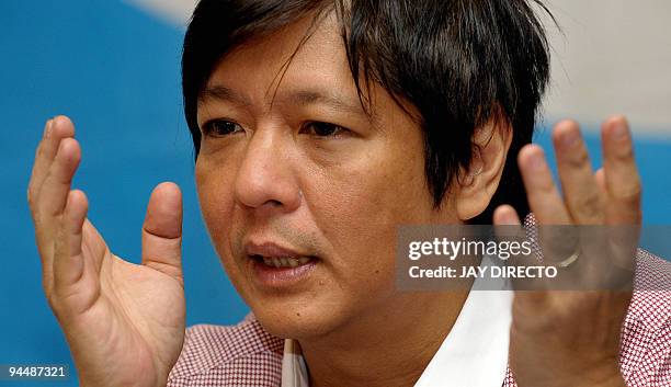 Congressman Ferdinand 'Bongbong' Marcos Jnr gestures as he appears before the Foreign Correspondents Association of the Philippines in Manila on...