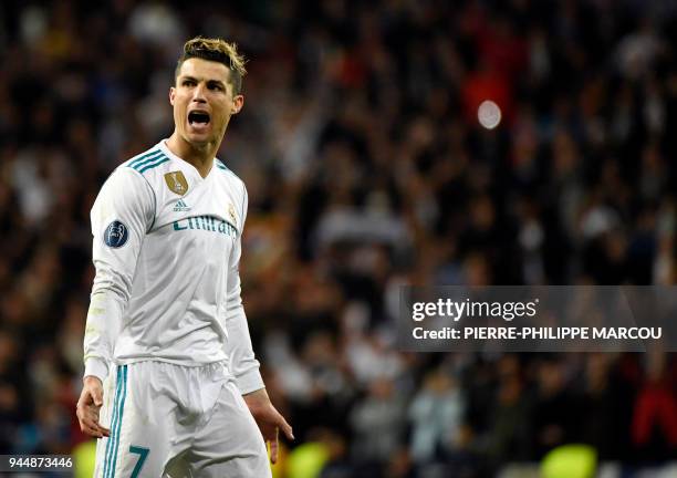 Real Madrid's Portuguese forward Cristiano Ronaldo celebrates a goal during the UEFA Champions League quarter-final second leg football match between...