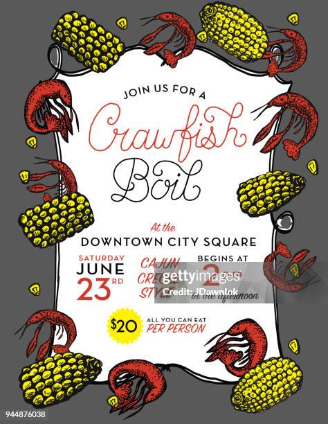 crayfish or crawfish boil invitation design template - boiling vegetables stock illustrations