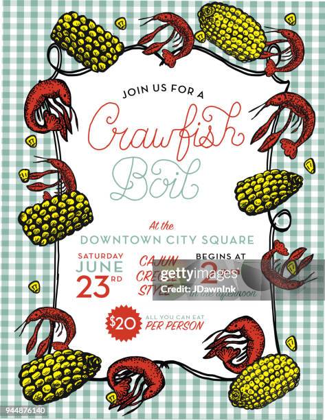 crayfish or crawfish boil invitation design template - crayfish seafood stock illustrations