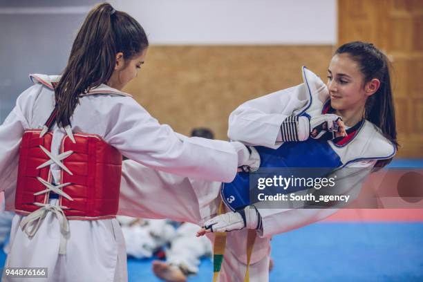 young girls taekwondo training - karate belt stock pictures, royalty-free photos & images