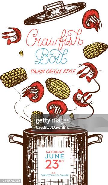 cajun creole crawfish boil invitation design template - boiling vegetables stock illustrations