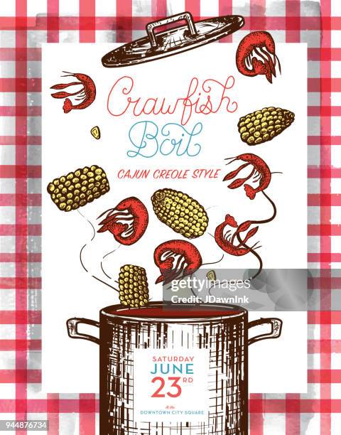 stockillustraties, clipart, cartoons en iconen met uitnodiging ontwerpsjabloon cajun creools langoesten kook - crawfish