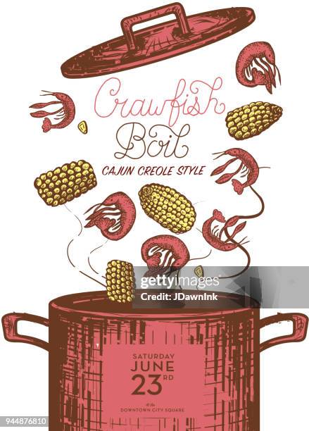 cajun creole langusten kochen einladung design-vorlage - flusskrebs meeresfrüchte stock-grafiken, -clipart, -cartoons und -symbole